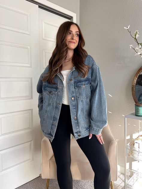 The Iris denim jacket in medium wash is perfection - a slouchy, oversized, boxy fit, featuring metal front buttons, large side pockets, chest pockets, and perfect sleeve length! Whether you're dressing up or staying casual, you've got year-round style with this must-have piece! 100% Cotton Color: Medium wash Oversized fit Boxy cut Metal buttons Collared Large side pockets Chest pockets True to size Wash cold Hang to dry 5'5" - Bust: 34" - Waist: 26" Wearing a size small *Denim looks slightly dif Oversized Blue Denim Jacket Outfit, Winter Outfit With Denim Jacket, Fall Outfits Denim Jacket, Over Size Jean Jacket Outfit, How To Style Oversized Denim Jacket, Big Jean Jacket Outfits, Fall Denim Jacket Outfit, Must Have Winter Clothes, How To Style Denim Jacket