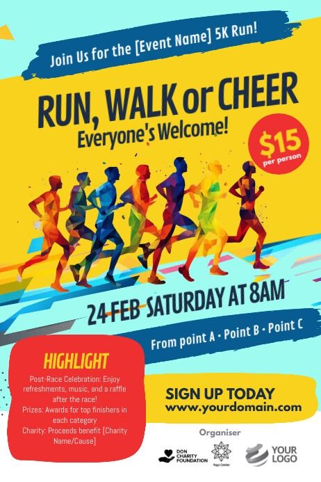 Yellow Joyful Run Walk Cheer Marathon Fun Run | PosterMyWall Fun Walk Poster, Fun Run Poster, Beauty Brochures, Charity Logos, Fun Walk, Kindle Book Cover, Race Party, Running 5k, Campaign Posters