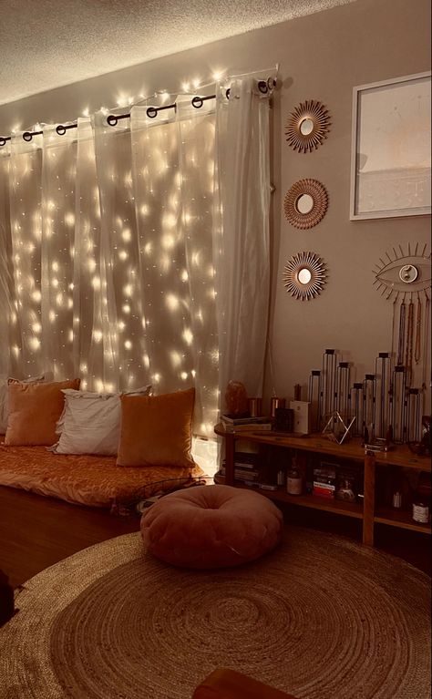 #bedroom #boho #decor #Bohodecor #pinkdecor #coraldecor #wooddecor #golds #whites #pinks #browns #lights #fairylights #windowdecor #style Corner Tapestry Bedroom, Bedroom Wall Decor Corner Bed, Bobo Corner Bed, Bed In Corner Of Room Tapestry, Bed In Corner Of Room, Bed In Corner Of Room Against Wall, Corner Bed Canopy Boho, Headboard Bedroom Ideas, Adult Bed