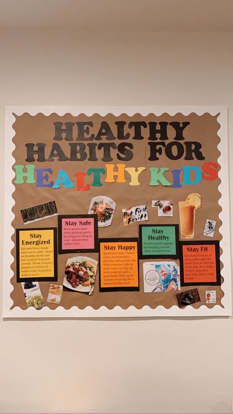 Health Corner Classroom Ideas, Gym Classroom Decor, Bulletin Board Health, Phys Ed Bulletin Board Ideas, School Nurse Bulletin Board High School, Health Teacher Classroom Decorations, Middle School Health Bulletin Boards, Hygiene Bulletin Boards, Fitness Bulletin Board Ideas Gym