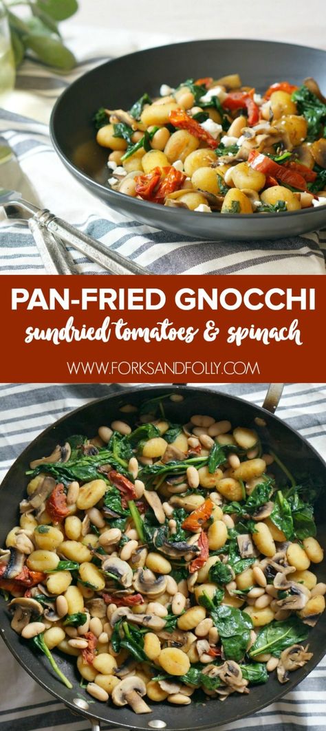 This Pan-Fried Gnocchi with Sundried Tomatoes and Spinach deserves to be in the weekly rotation! Our recipe uses mostly pantry ingredients and takes less than 30 minutes. Gnocchi With Spinach, Fried Gnocchi, Pan Fried Gnocchi, Spinach Pasta Recipes, Mackerel Recipes, Pantry Ingredients, Scrumptious Food, Sundried Tomatoes, Gnocchi Recipes