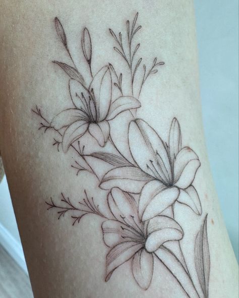 Lily #tattooideas #floraltattoo #botanicaltattoo #finelinetattoo #realismtattoo #pepaxcartridges #allegoryink #lilytattoo Tattoo With Lily Flowers, Peace Lily Tattoo Design, Lily Side Tattoo, Simple Lily Tattoo, Hyacinth Tattoo, Azalea Tattoo, Lilly Tattoo, Lillies Tattoo, Lily Tattoo Design