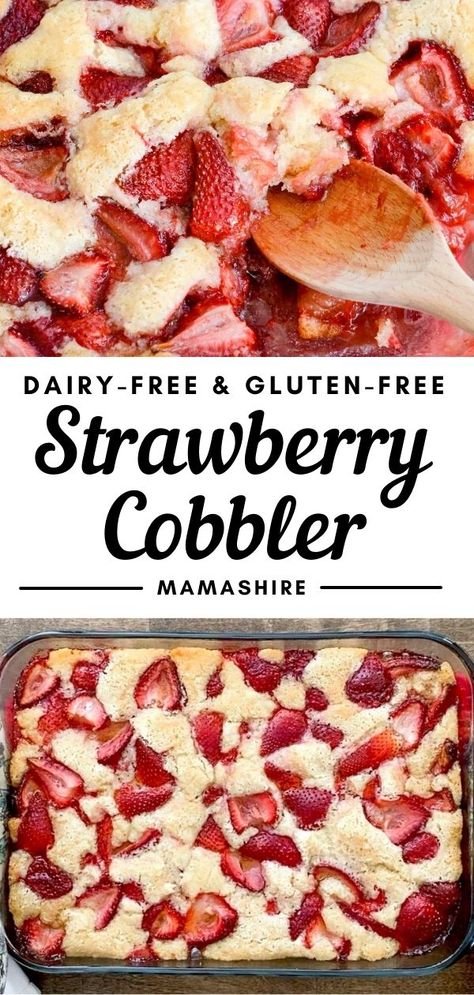 Get yourself some fresh strawberries because you're going to want to make this delicious gluten-free strawberry cobbler recipe. It's so easy to make. The strawberries bake into a thick & sweet gooey center and have a cake-like top with some bits of crunchiness. This is what cobblers are all about. Gluten Free Strawberry Cobbler, Strawberry Cobbler Recipe, Gluten Free Cobbler, Strawberry Cobbler Recipes, Strawberry Gluten Free, Gluten Free Dairy Free Dessert, Fresh Strawberry Recipes, Strawberry Cobbler, Easy Gluten Free Desserts