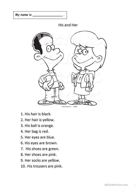 Possessives - His & Her - English ESL Worksheets His Or Her Worksheet, My Your His Her Worksheet, His Her Worksheet, Cambridge Starters, English Starters, English Primary School, Primary School Art, Possessive Adjectives, Possessive Pronoun