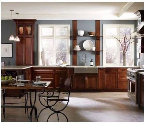 Kitchen Paint Colors With Cherry, Cherry Wood Kitchen Cabinets, Cherry Wood Kitchens, Dark Wood Kitchen Cabinets, Cherry Wood Cabinets, Cherry Wood Floors, Trendy Kitchen Colors, Dark Wood Kitchens, Shelves Wood