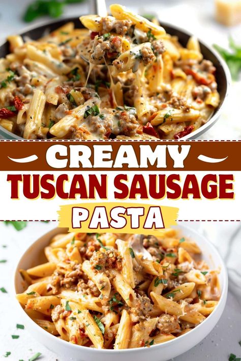 Creamy Tuscan sausage pasta features tender penne with Italian sausage and luscious sauce packed with sun-dried tomatoes, spinach, garlic, and Parmesan. Crock Pot Sausage Pasta, Italian Sausage Ground Recipes, New Dinner Ideas Healthy, Most Pinned Dinner Recipes, Italian Sausage Pesto Pasta, Italian Sausage Dishes, Dinner Ideas With Italian Sausage, Sausage Lemon Pasta, Sausage Sun Dried Tomato Pasta