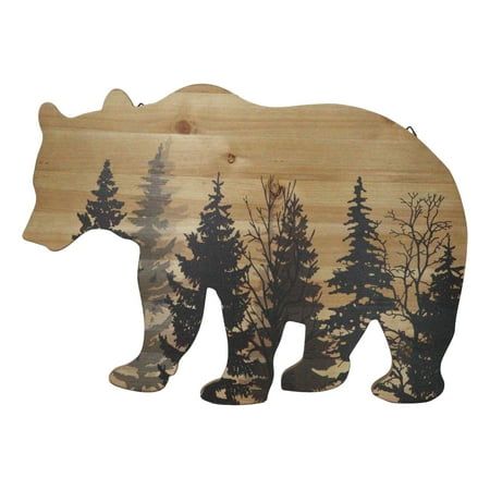 This Black Bear Cutout Wall Decor is made of MDF wood, hand painted and polished individually.  This Black Bear Cutout Wall Decor measures 14.75" High, 21" Wide and 0.5" Thick approximately. It weighs about 2 pounds.  Bears have long held human interest, as they symbolize both the seemingly contradictory qualities of primal power and nurturance. Our collection of bear sculptures and statues includes the black bears, grizzly bears, brown bears and polar bears that roam the wilds of North America. Forest Silhouette, Wall Decor Hobby Lobby, Bazaar Crafts, Bear Silhouette, Theme Nature, Wooden Bear, Natural Decor, Wood Burning Patterns, Bear Decor