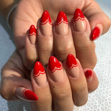 #valentinesday #valentinesnails #heartnails #nailart #manicure #naildesign #frenchmani Manicure Ideas Red, Valentines Day Nails Funky, Heart Manicure, Alt Valentines Nails, Anti Valentines Nails, Pinup Nails, Untraditional Valentines Nails, Unconventional Valentines Nails, Funky Red Nails Art Designs