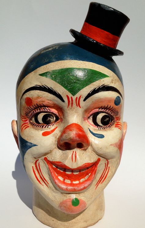 Handmade Reproduction Antique Candy Container created 2016 by Carean Kaso on Etsy Clown Puppet, Mascara Papel Mache, Auguste Clown, Circus Vintage, Vintage Tattoo Design, Halloween Circus, Mexican Mask, Clown Mask, Toy Sculpture