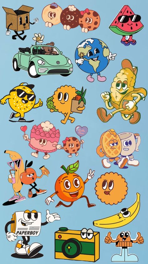 Retro Cartoon Character Design, Original Cartoon Characters, Character Branding Design, Food Characters, Graphic Design Character, 1950s Cartoon, Group Icon, Retro Character Poster, Cartoon Graphic Design