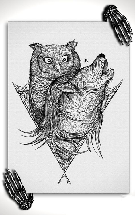 owl with wolf sketch Owl And Wolf Tattoo, Dragon Tattoo Ideas, Mandala Hand Tattoos, Tattoo Wolf, Wolf Sketch, Gif Disney, Dragon Tattoos, Matching Couple Tattoos, Hand Tattoos For Women