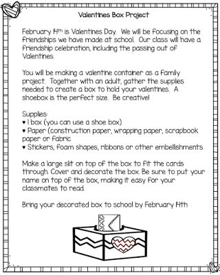 Free Valentines Box Project Letter, This is a fun family involvment pojrct for Valentines Day. Families work together to crate a Valentines day box. for their child. The boxes are easy and fun to create. The directions are in English and Spanish. Valentine Box Family Project Letter, Valentines Letter For Teacher, February Family Project, Valentines Day In The Classroom, January Family Project, Valentines Day Letter, Valentine Boxes For School, Kindergarten February, Valentine Notes