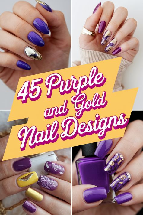 Acrylic nails are perfect for showcasing stunning purple and gold nail designs! Explore the endless possibilities of intricate designs, bold color combinations, and unique textures.  Find ideas for purple and gold nails acrylic, ranging from simple accents to 3D masterpieces. Get inspired by these stunning designs and elevate your nail game to a whole new level. Lsu Nails Designs, Gold Nail Designs Acrylic, Purple Nail Ideas Acrylic, Purple And Gold Nails Acrylic, Bold Acrylic Nails, Purple And Gold Nails Designs, Lsu Nails, Purple Nails With Gold, Plum Nails With Design