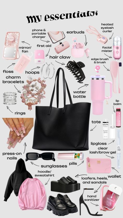 #essentials #myessentials #whatsinmybag #daayiim Uni Essentials, School Emergency Kit, Everyday Bag Essentials, Beach Bag Essentials, School Bag Essentials, Travel Bag Essentials, School Kit, Inside My Bag, Purse Essentials