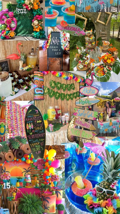 Theme Pool Party Ideas, Hawaii Birthday Party, Hawaii Birthday, Beach Theme Birthday, Hawaii Themed Party, 15th Birthday Party Ideas, Sixteen Birthday Party Ideas, 18th Birthday Party Themes, Pool Party Themes