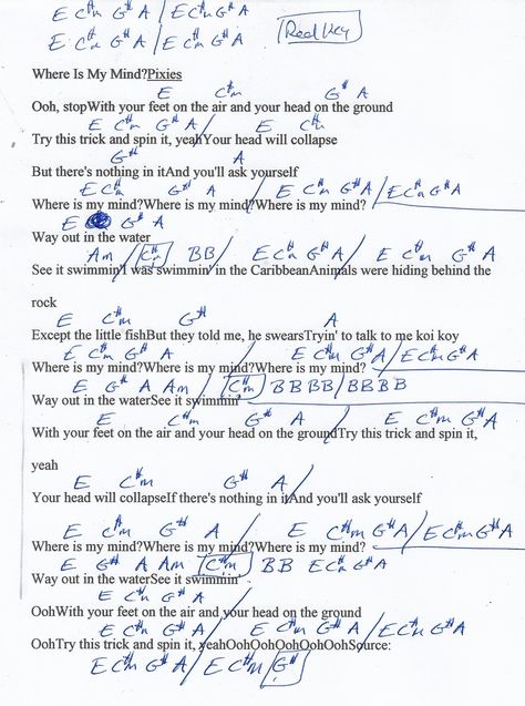 Where Is My Mind (The Pixies) Guitar Chord Chart in E - REAL KEY Mind Electric, Electric Guitar Chords, The Pixies, Guitar Chords For Songs, Guitar Chord Chart, Where Is My Mind, Guitar Chords, Guitar Lessons, Ukulele