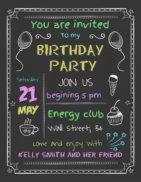 Chalkboard birthday party invitation poster flyer social media graphic design template Invation Cards Birthday, Invitation Layout Design Birthday, Ideas For Birthday Invitations, Inventation Card Design Birthday, Birthday Card Ideas Invitation, Invite For Birthday Party, Invite Birthday Card, Birthday Invation Card Ideas, Birthday Invite Card Ideas