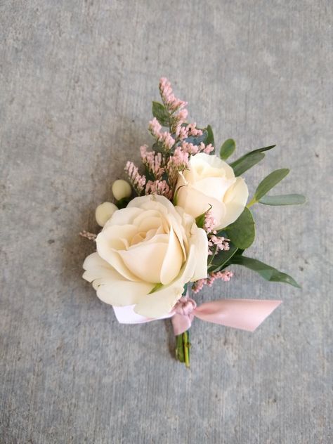 White majolica spray roses, blush tinted caspian, white hypericum berries, gunni eucalyptus boutonniere //Celebration Flair Pale Pink Boutonniere, Blush And White Corsage, Blush Corsage And Boutonniere, White Blush Boutonniere, Groomsmen Boutonniere Pink, Spray Rose Buttonhole, Boutineer Ideas Wedding Simple, Wedding Boutonniere Pink, Blush And White Boutonniere