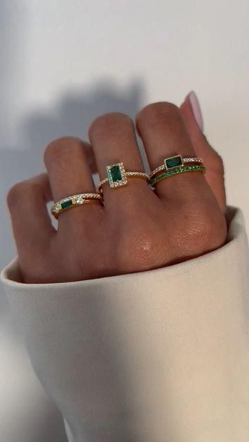 Introducing these dainty emerald stacking rings from Sami Jewels. Sweet, simple, and dainty ring. Perfect for a minimalist look, or for stacking. Mix & match for your perfect look! Shop now at samijewels.com Emerald Stack Ring, Silver Jewelry Stacking, Dainty Emerald Ring, Emerald Ring Stack, Emerald Ring Simple, Ring Stacking Ideas, Rings Video, Ring Combinations, Jewelry Product Shots