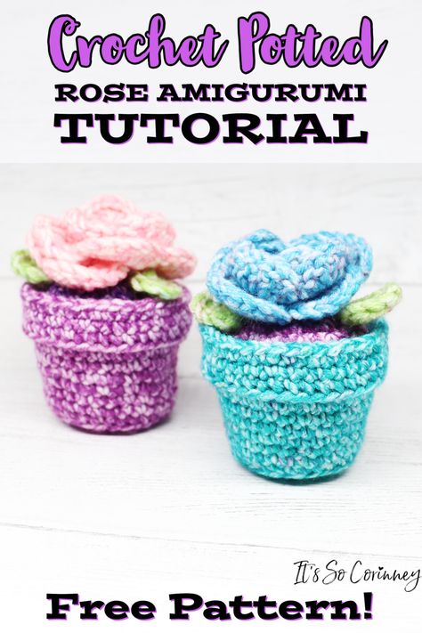 Want a potted flower that NEVER has to be watered? Then check out this FREE pattern and video to crochet a potted rose amigurumi! This is the perfect gift for the plant lover in your life! #lionbrandyarn #homemade #crochet Crochet Potted Rose Free Pattern, Crochet Mini Flower Pot Free Pattern, Crochet Stash Jar Pattern, Crochet Flower Pots Free Pattern, Amigurumi Gifts, Diy Quilted Christmas Ornaments, Pens Holder, Small Amigurumi, Pot Crochet