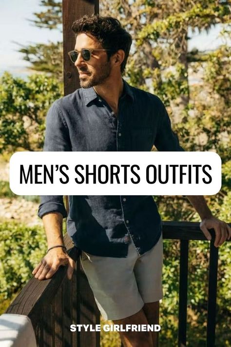 image of man outside on a patio in navy linen shirt and khaki-colored shorts, text on-screen reads: men's shorts outfits Mens Shorts Outfits Casual, Mens Shorts Style, Grey Shorts Outfit Men, Shorts Outfits Casual, Mens Shorts Fashion, Grey Shorts Outfit, Shorts Outfit Casual, Style Girlfriend, Mens Shorts Outfits