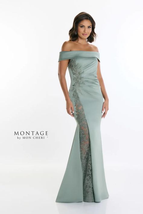 Montage By Mon Cheri, Straight Across Neckline, Mother Of The Bride Dresses Long, Mon Cheri, Glamorous Style, Gowns Of Elegance, A Line Gown, Long Gown, Groom Dress