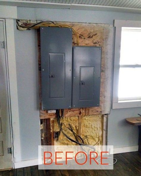 s hide your home s eyesores with these 11 brilliant ideas, home decor, The eyesore An electric panel Hide Breaker Box, Hide Electrical Panel, Breaker Box Cover, Cover Electrical Panel, Fuse Box Cover, Hiding Ugly, Old Barn Doors, Closet Built Ins, Electrical Box Cover