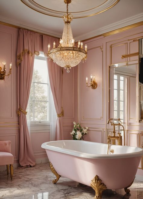 Transform your self-care routine into a lavish experience with this stunning bathroom! Featuring a central freestanding bathtub that beckons relaxation, the delicate blend of soft pink and crisp white creates a serene yet chic atmosphere. The golden accents and a breathtaking chandelier add an air of sophistication, making it the perfect backdrop for a luxurious bubble bath. #BathroomInspo #ChandelierDreams #LuxuriousLiving Sophisticated Pink Bathroom, Soft Pink Bathroom Ideas, Female Bathroom Ideas, Coquette Bathroom, Glam Bathroom Ideas, Pink And Gold Bathroom, Princess Bathroom, Parisian Bathroom, Bathroom Chandelier