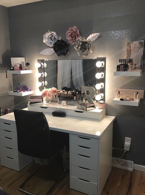 Teen Girl Furniture, On The Wall Vanity, Reka Bentuk Bilik Tidur, Makeup Dresser, Vanity With Lights, Zimmer Diy, Ikea Alex, Makeup Room Decor