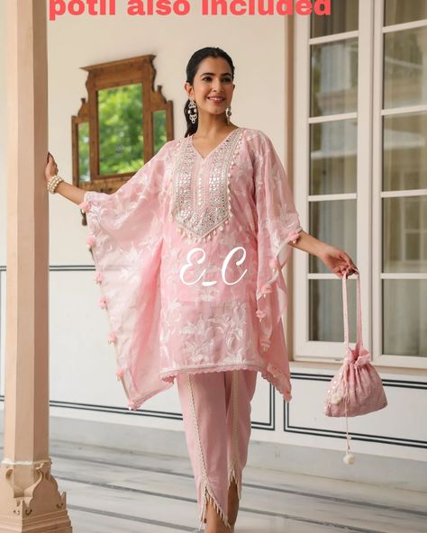 *E_C* *This festive season look gorgeous and make all eyes turn towards u with our beautiful kaftaan dhoti set* *Matching Potli also included* *Fabric organza with inner attached* *Heavy embroidery neck and TUSSELS on both sides* *With beautiful dhoti pant having lace work* Size 38,40,42 left Price 2299 free ship Dispatch 3-4 days #lawnsuit #pakistanisuit #stitchedsuit #lawncotton #silkdupatta #cottonsuitsonline #cottonkurtiseller #smallbusinessowner #entrepreneur #ethnicwear #tradition... Kaftaan Co-ord Set, Dress Book, Dhoti Pants, Heavy Embroidery, Lawn Suits, Stylish Dress Book, Pakistani Suits, Silk Dupatta, All Eyes