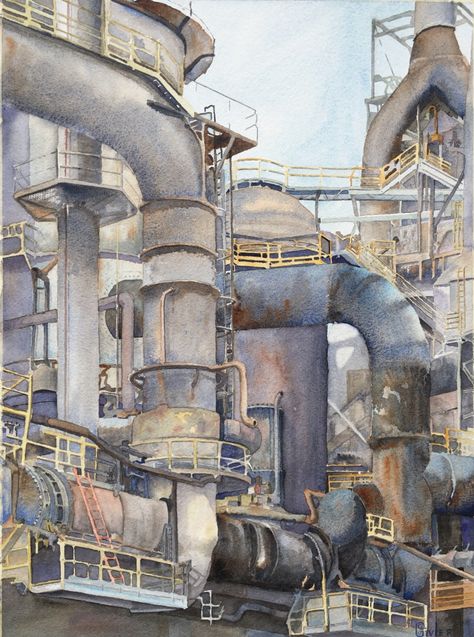 $21,500 Up for Grabs - American Watercolor Industrial Art Painting, Watercolor Picnic, Industrial Paintings, Factory Interior, Transparent Watercolor, City Canvas, Salon Art, Industrial Architecture, Art Competitions