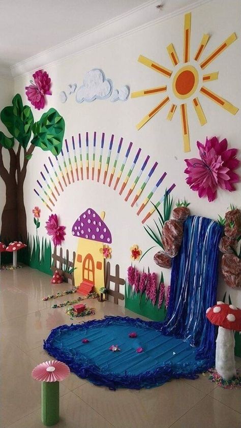 School Decoration Ideas for Spring Season • K4 Craft House Waterfall, Paper Mache Tree, Enchanted Forest Birthday, Decoration Creche, Flower Crafts Kids, School Decoration, Diy Classroom Decorations, School Board Decoration, Kindergarten Classroom Decor