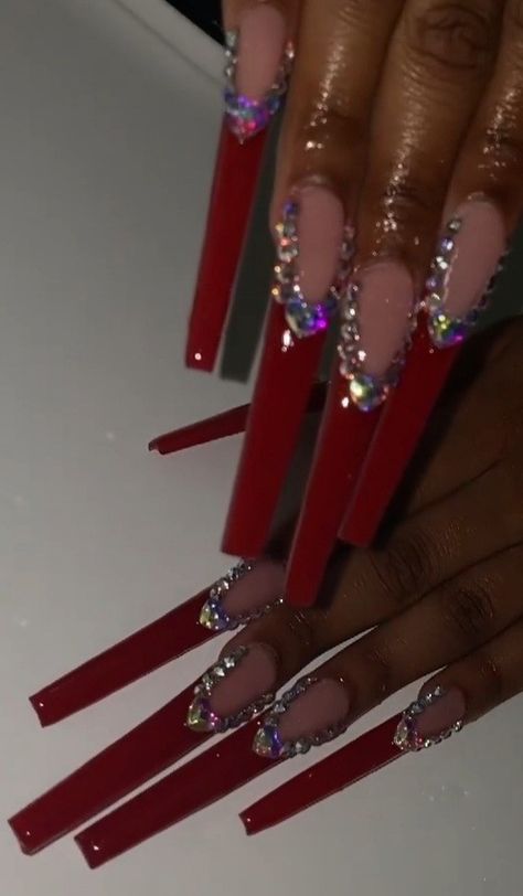 Red Rhinestone French Tip Nails, Red Bottom Nails With Rhinestones, Red Bling Nails Rhinestones, Black Nails With Red Rhinestones, Red Exotic Nails, Red Prom Nails Acrylic, Red Rhinestone Nails, Red Bling Nails, Red Nails With Rhinestones