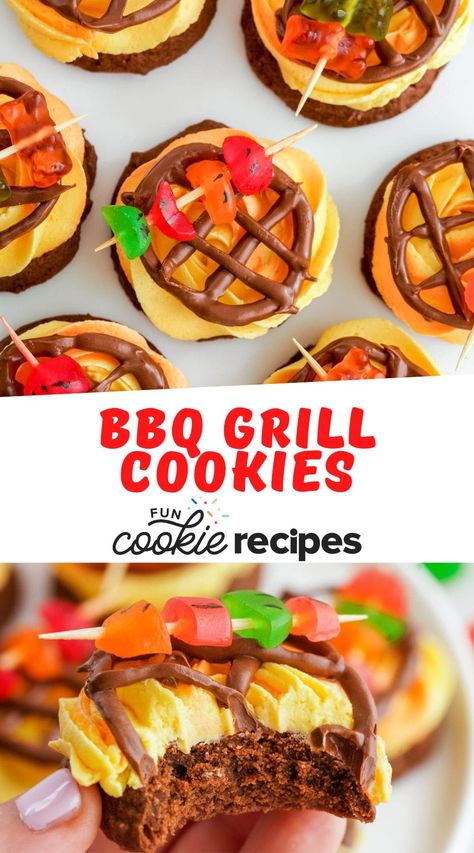 These fun Father's Day Cookies are all dressed up to look like a BBQ grill with gummy candy and an easy to make chocolate grill grate. Grill Cookies, Bbq Cookies, Ultimate Sugar Cookie Recipe, Fathers Day Cookies, Fun Cookie Recipes, Cute Shapes, Melting Chocolate Chips, Grill Grates, Gel Food Coloring