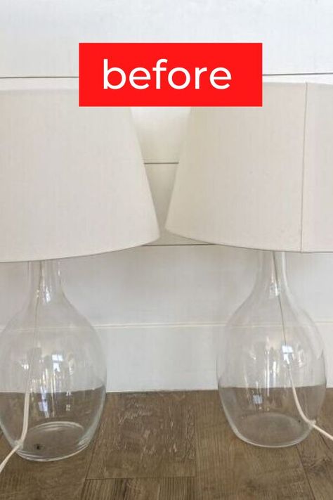 Give a cheap glass table lamp a makeover on a budget with this simple update idea. Check out the before and after of this thrift store lamp makeover. #hometalk Painting Glass Lamp Base, Painting A Glass Lamp, How To Paint Glass Lamps, Painting Glass Lamps, Lamp Makeover Before And After, Glass Lamp Makeover, Diy Glass Lamp, Spray Painting Glass, Thrift Store Lamp Makeover