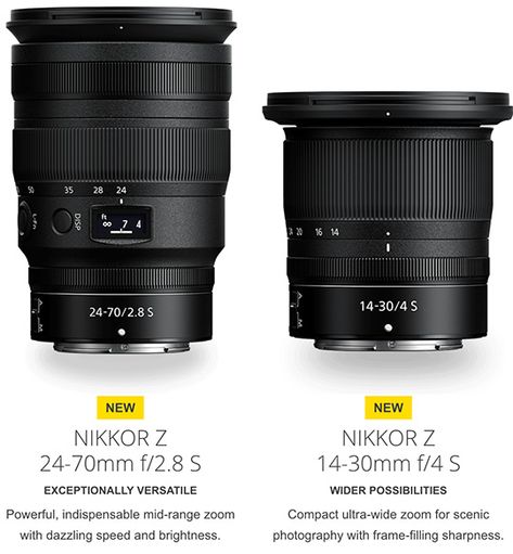 The new Nikon NIKKOR Z 14-30mm f/4 S and NIKKOR Z 24-70mm f/2.8 S mirrorless lenses to start shipping on April 19th - Nikon Rumors Camera Store, System Camera, Canon Camera, Nikon Photography, Red Green Yellow, Dslr Camera, Airport Style, Green Yellow, Nikon