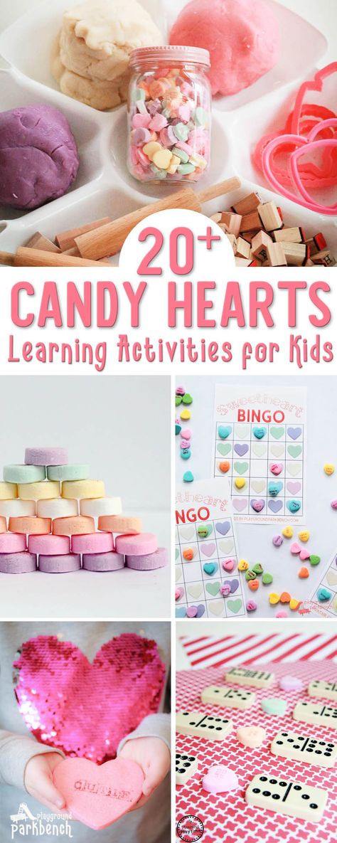 Over 20 kids learning activities using Valentine candy hearts - STEM challenges, early literacy activities, fine motor skills, math and more. #valentinesday #kidsactivities  via @playgroundpb Candy Hearts Activities, Valentine Science Experiments, Preschool Valentines Activities, Science Valentines, Learning Activities For Kids, Valentine Candy Hearts, Valentines Baking, Preschool Valentines, Valentine Activities