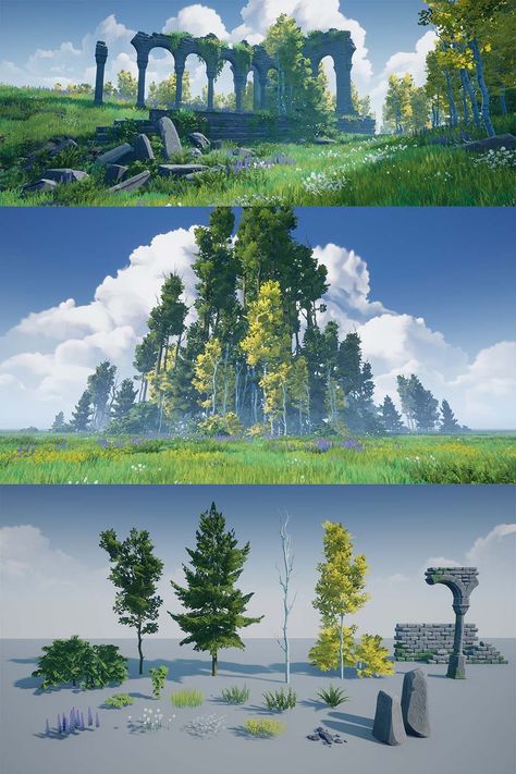 Game Landscape Design, Simple Environment Concept Art, Stylized Game Environment, 3d Environment Design, Garden Concept Art, Forest Ruins, Stylized Forest, 3d Landscape Design, Stylized Clouds