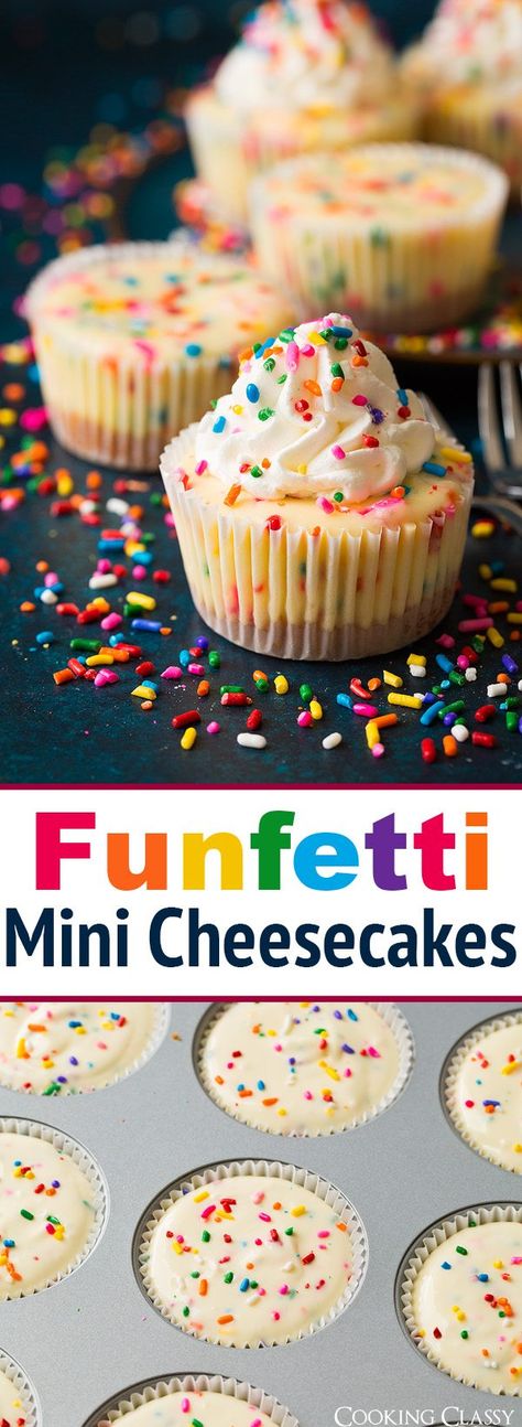 Funfetti Mini Cheesecakes - These rainbow flecked individual cheesecakes are the perfect way to celebrate any occasion! They're perfectly rich and creamy, they have a sweet funfetti flavor, and people of all ages just love them! #funfetti #birthday #cheesecake #minicheesecake #dessert #recipe Cupcake Cheesecake, Funfetti Birthday, Birthday Cheesecake, Individual Cheesecakes, Mini Cheesecake Recipes, Dessert Simple, Cheesecake Cupcakes, Läcker Mat, Mini Cheesecakes