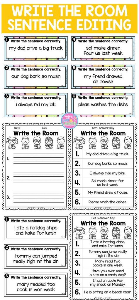 This write the room activity will keep your students active and engaged, while they walk around the classroom, reading and rewriting simple sentences, editing them for errors in grammar, spelling, and punctuation. This is also a prime time to have them practice writing neatly. There are 5 different write the room activities and they come in color and black and white. Each game has 6 sentences to edit. Teaching How To Write A Sentence, Writing Complete Sentences 2nd Grade, Write The Room First Grade, Editing Practice Worksheets, Art Stations, Sentence Editing, 2nd Grade Writing, 1st Grade Writing, 4th Grade Writing