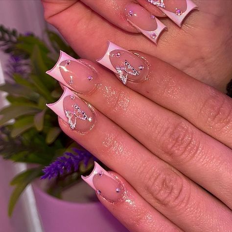 18th Birthday Nails Ideas Short, Butterflies Nails Acrylics, Nails Practice, Ballerina Acrylic Nails, Bday Nails, Baby Pink Nails, Butterfly Nails, Sassy Nails, French Tip Acrylic Nails