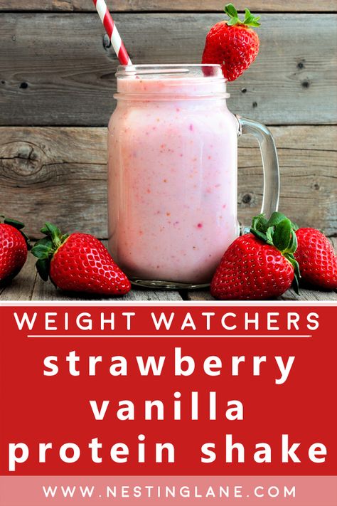 Weight Watchers Vanilla-Strawberry Protein Smoothie Recipe. This quick and easy breakfast, or post-workout recipe is a delicious start to the day. You will only need 4 ingredients, vanilla protein powder, unsweetened frozen strawberries, water, and ice cubes. It's low fat and high protein. MyWW Points: 4 Green Plan, 4 WW Smart Points. Personal Points will vary based on your individual plan. Fruit Shakes Recipes, Vanilla Protein Shake Recipes, Protein Powder Recipes Shakes, Strawberry Protein Smoothie, Vanilla Protein Shake, Easy Protein Shakes, High Protein Smoothie Recipes, Protein Drink Recipes, Protein Breakfast Smoothie