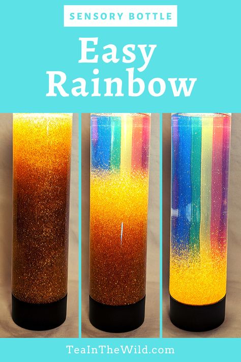 In this Easy Rainbow sensory bottle, gold glitter slowly falls to reveal a ribbon rainbow. Rainbow Sensory Bin, Rainbow Jar Science Experiment, Making A Rainbow Experiment, Walking Water Rainbow Experiment, Rainbow Density Experiment In A Jar, Rainbow Sensory Bottles, Sensory Basket, Calming Bottle, Glitter Sensory Bottles