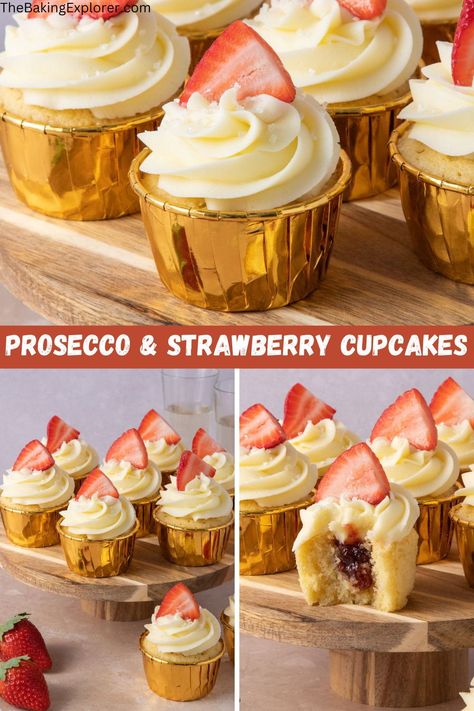 Recipe for Prosecco & Strawberry Cupcakes. Fluffy sponge, strawberry jam filling, prosecco buttercream and fresh strawberries #thebakingexplorer #proseccocupcakes #proseccobuttercream #proseccostrawberry #celebrationcupcakes Prosecco Cake, Two Layer Cake, Two Layer Cakes, Strawberry Cream Cakes, Kitchen Larder, Uk Food, Food Blogging, Family Restaurant, Strawberry Cupcakes