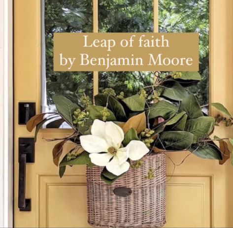 Leap Of Faith Benjamin Moore Front Door, Leap Of Faith Paint Color, Benjamin Moore Leap Of Faith, Leap Of Faith Benjamin Moore, Mustard Yellow Front Door, Exterior Door Colors, Yellow Front Doors, Door Paint, Front Door Paint Colors