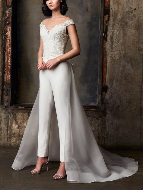 806beafe154032a5b818e97b4420ad98desc44883630ri Wedding Pants Outfit, Jumpsuit Wedding Dress, Wedding Dress Overskirt, Bridal Pantsuit, Wedding Dress Jumpsuit, Wedding Pantsuit, Mikaella Bridal, Wedding Pants, Bridal Jumpsuit