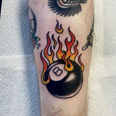 Eightball Tattoo, Flaming 8 Ball, 8 Ball Tattoo, Ball Tattoo, Flame Tattoos, Traditional Tattoo Sleeve, Fire Tattoo, Pool Ball, Incredible Tattoos