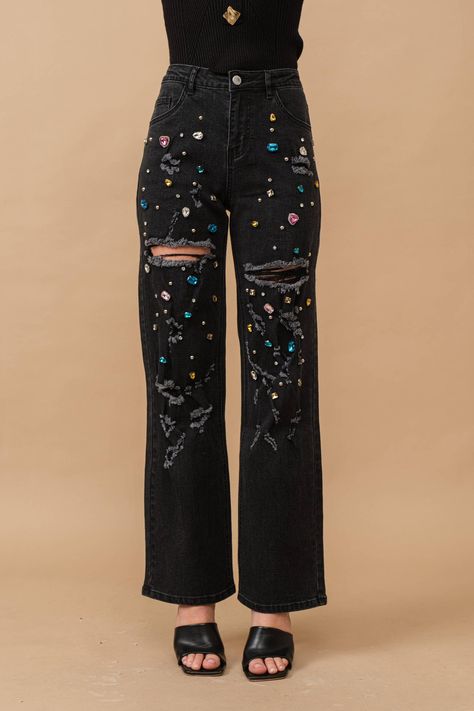 Jeans – Gilded Swan Boutique Blue Jeans Goth Outfit, Bedazzled Jeans Diy, Rhinestone Jeans Diy, Diy Embellishments Clothes, Rhinestone Outfit Ideas, Taylor Swift Jeans, Best Stage Outfits, Rhinestone Aesthetic, Painting Denim