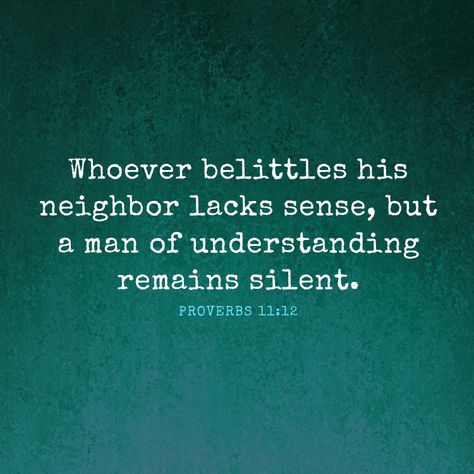 Whoever belittles his neighbor lacks sense, but a man of understanding remains silent.– Proverbs 11:12 Belittle Quotes People, Bad Neighbors Quotes, Belittling Quotes, Neighbors Quotes, Belittle Quotes, Neighbor Quotes, Nosey Neighbors, Proverbs 11, Media Quotes