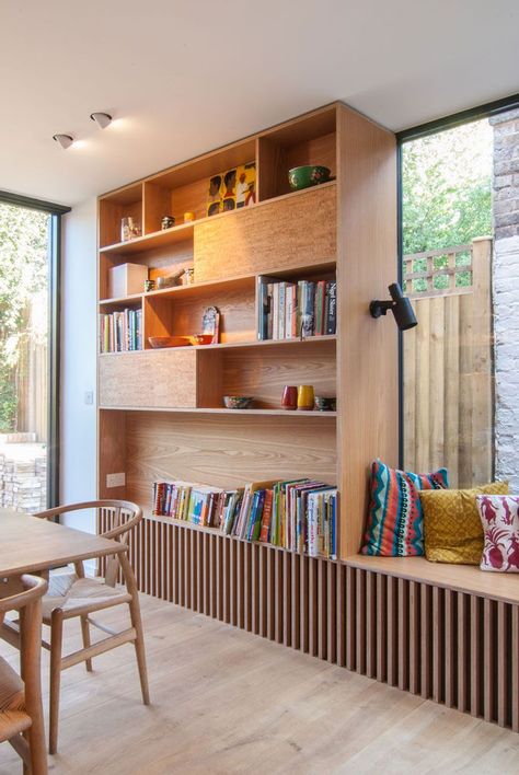 Oak Bookshelves, Window Seat Design, House Extensions, A Living Room, Window Seat, Cheap Home Decor, 인테리어 디자인, Home Interior, Home Living Room